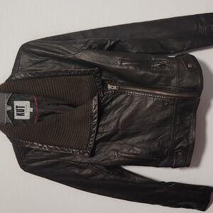 ​KUT from the Kloth Brown Faux Leather Jacket with Ribbed Knit Collar -M